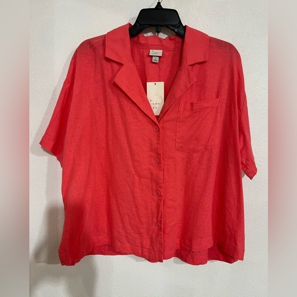 A new day, cropped oversize shirt, linen blend size L apricot peach color NWT